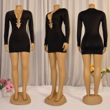 Sexy deep V-neck bodycon dress metallic accessories long-sleeved bodycon evening dress