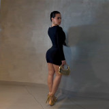 Sexy deep V-neck bodycon dress metallic accessories long-sleeved bodycon evening dress