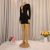 Sexy deep V-neck bodycon dress metallic accessories long-sleeved bodycon evening dress