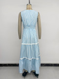 2026 Summer Resort Style Patchwork Lace V-Neck Sleeveless Blue Striped Dress