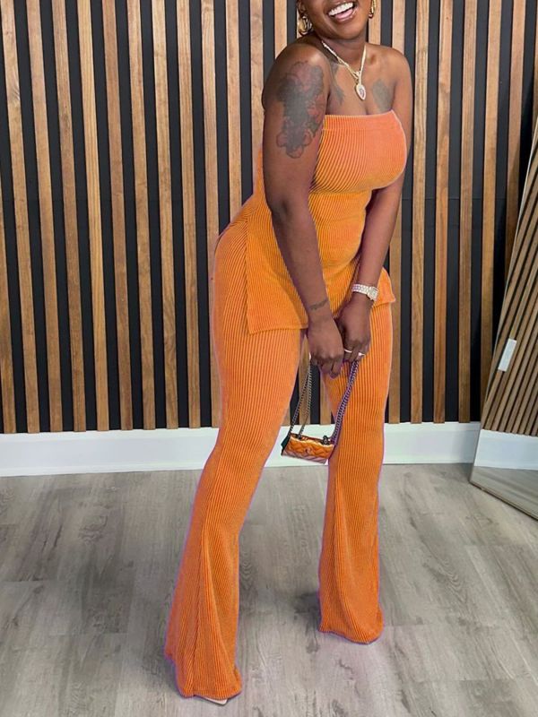 Solid Color Women's Two-Piece Bandeau Top Pants Set