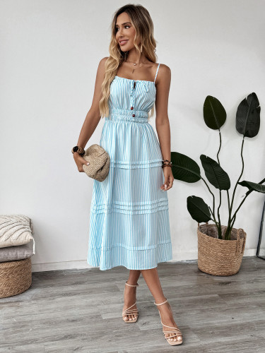 2026 Summer Resort Style Striped Sundress Square Neck French Sleeveless Dress