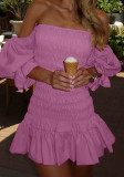 Women's Pink Off-Shoulder Strapless Dress Puff Sleeves Mini Skirt
