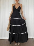 Halter neck maxi dress 2026 patchwork lace textured slip dress for women