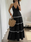 Halter neck maxi dress 2026 patchwork lace textured slip dress for women