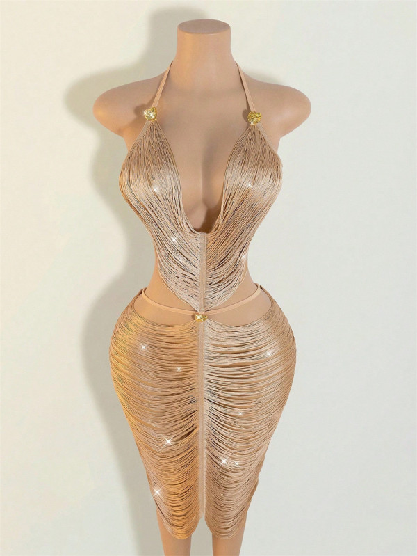 Draped tassels halter neck deep V-neck party dress 