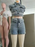 Women Casual Stretchy Denim Crop Top and Shorts Two-Piece Set