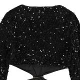 Women's Black Sequin Velvet Cut Out Waist Party Dress