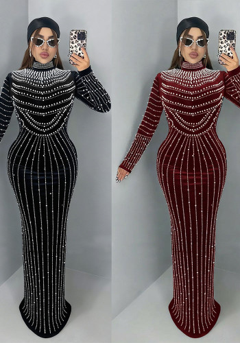 Women's Velvet Beaded Long Sleeve Maxi Evening Dress