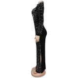 Women's Velvet Beaded Long Sleeve Maxi Evening Dress