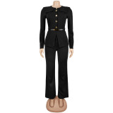 Women's Black Belted Top and Long Pants Set