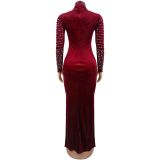 Women's Velvet Beaded Long Sleeve Maxi Evening Dress