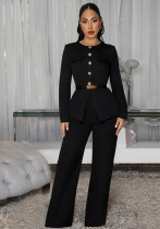 Women's Black Belted Top and Long Pants Set