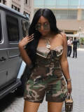 Women strapless button up camouflage cargo romper