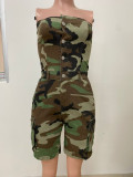 Women strapless button up camouflage cargo romper