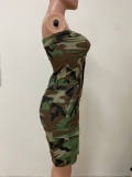 Women strapless button up camouflage cargo romper