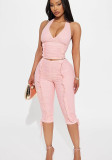 Women's Slim Fit Frill Vest Top Capri Pants Two-Piece Set