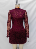 Long-sleeved high-neck floral fluffy dress