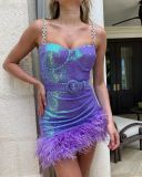 Evening gown women's sexy tight-fitting dress faux fur belt sequined slip dress