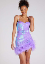 Evening gown women's sexy tight-fitting dress faux fur belt sequined slip dress