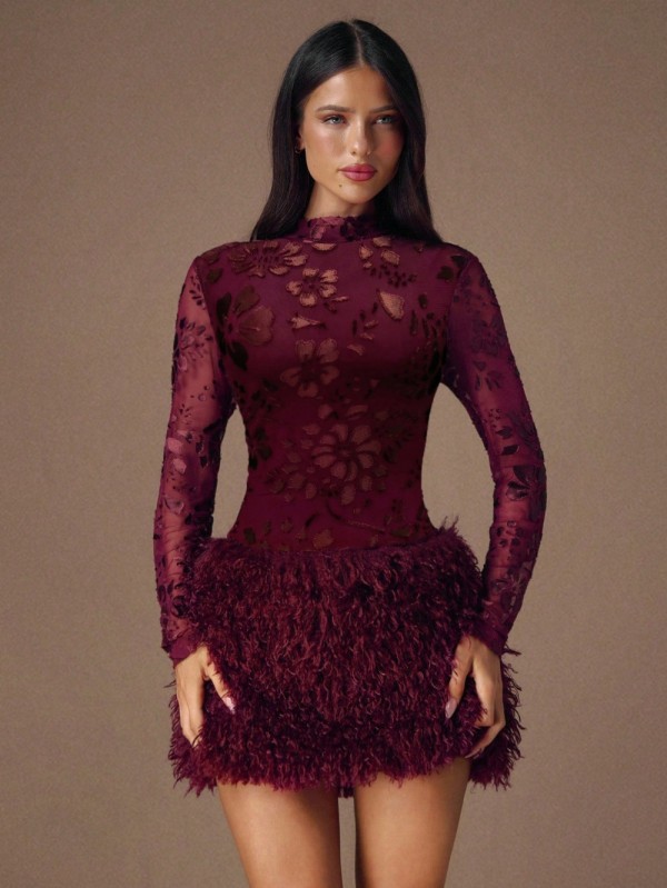 Long-sleeved high-neck floral fluffy dress