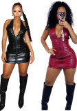 Women Zip Up PU Leather Vest Dress