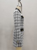 Tweed plaid leather collar color-blocked slim-fit long-sleeved dress