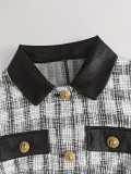 Tweed plaid leather collar color-blocked slim-fit long-sleeved dress
