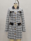 Tweed plaid leather collar color-blocked slim-fit long-sleeved dress