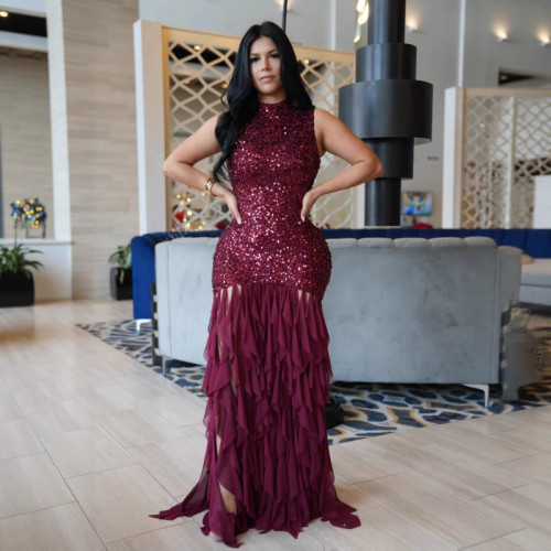 Women Sleeveless Sequined Mesh Patchwork Party Evening Dress