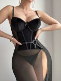 Sexy lingerie mesh slit slip nightgown panty set