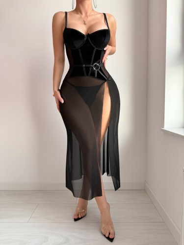 Sexy lingerie mesh slit slip nightgown panty set