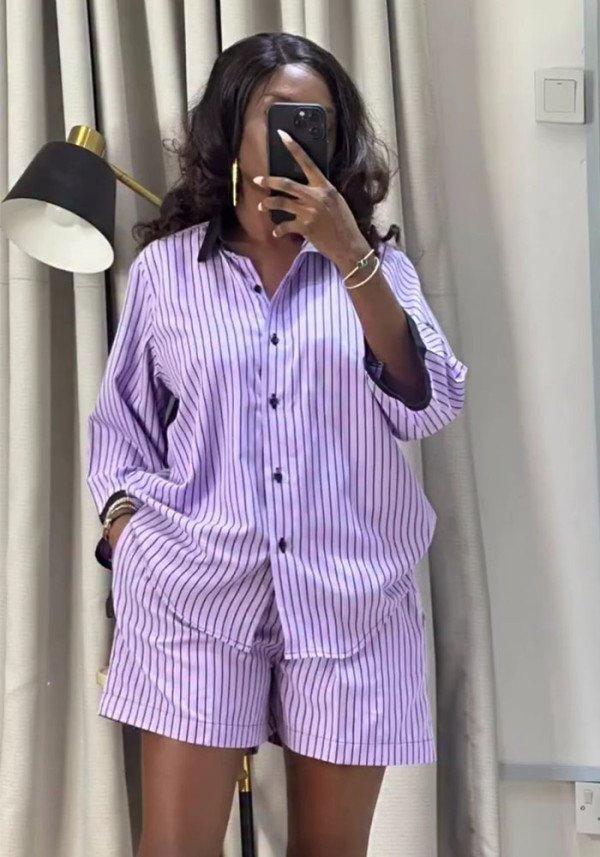 Women Purple Stripes Shirt and Shorts Two-Piece Set