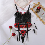 Women lace embroidered see-through sexy bustier lingerie two-piece set