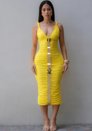 Women Sleeveless Slip Dress Sexy Yellow Long Bodycon Dress