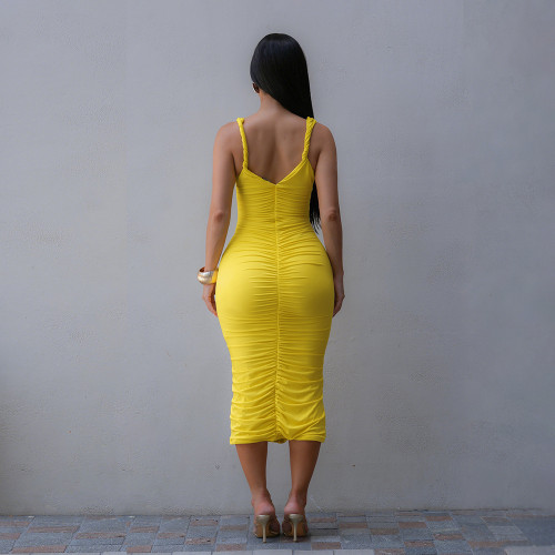 Women Sleeveless Slip Dress Sexy Yellow Long Bodycon Dress