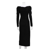Women's black and white contrasting slit long-sleeved French long dress