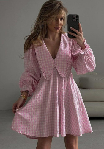 Pink plaid long-sleeved peter pan collar A-line dress