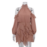 Elegant chiffon dress for women 2026 halter neck off-shoulder long sleeves high waist A-line skirt