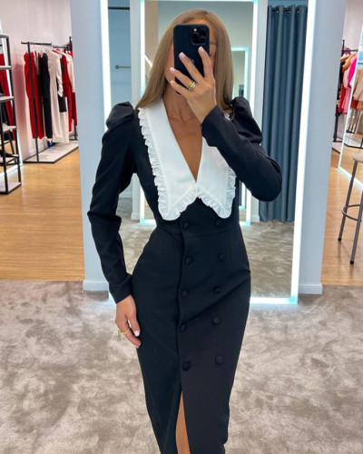 Women's black and white contrasting slit long-sleeved French long dress