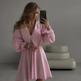 Pink plaid long-sleeved peter pan collar A-line dress