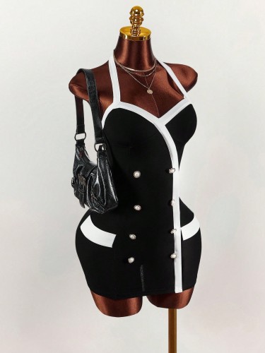 Women's White and Black Halter Neck Bodycon Dress