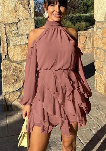 Elegant chiffon dress for women 2026 halter neck off-shoulder long sleeves high waist A-line skirt