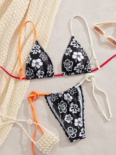 Black and white printed colorful straps adjustable back drawstring beachwear