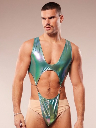 Men's Laser Iridescent Bodysuit Sexy Cutout High-Cut Tight-Fitting Performance Costume for Nightclubs and Parties