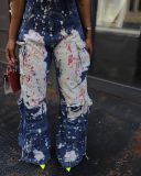 Women elastic print strapless denim jumpsuit