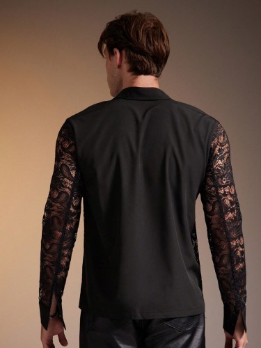 Men's lace long-sleeved nightclub party see-through shirt nightclub performance top