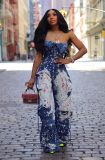Women elastic print strapless denim jumpsuit