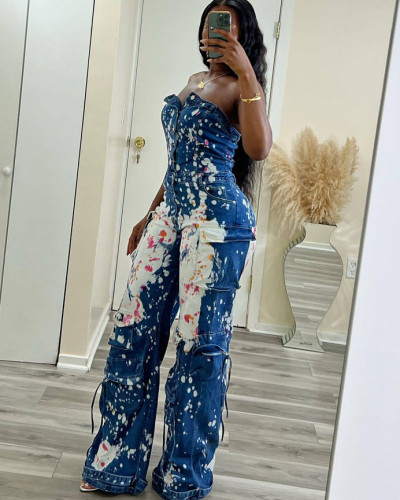 Women elastic print strapless denim jumpsuit