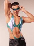 Men's Laser Iridescent Bodysuit Sexy Cutout High-Cut Tight-Fitting Performance Costume for Nightclubs and Parties